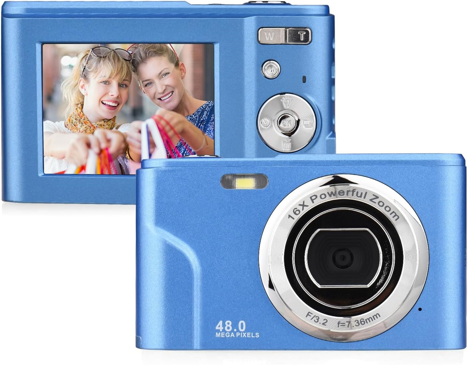 Blaue Digitalkamera mit einem Bildschirm, der zwei Frauen mit Einkaufstaschen zeigt.