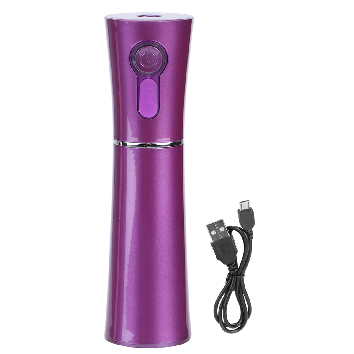 Eine lila Sprühflasche mit USB-Kabel. Die Flasche hat einen Knopf.