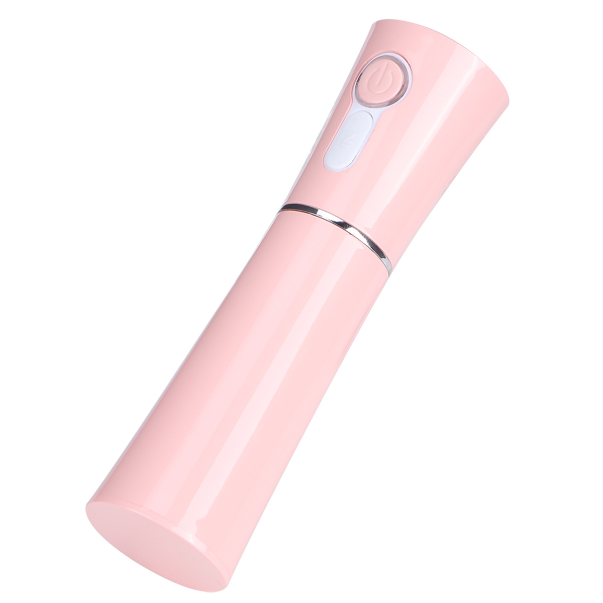 Ein rosa Schönheitsgerät, zylindrische Form. Es hat einen weißen Knopf oben. Weißer Hintergrund.
