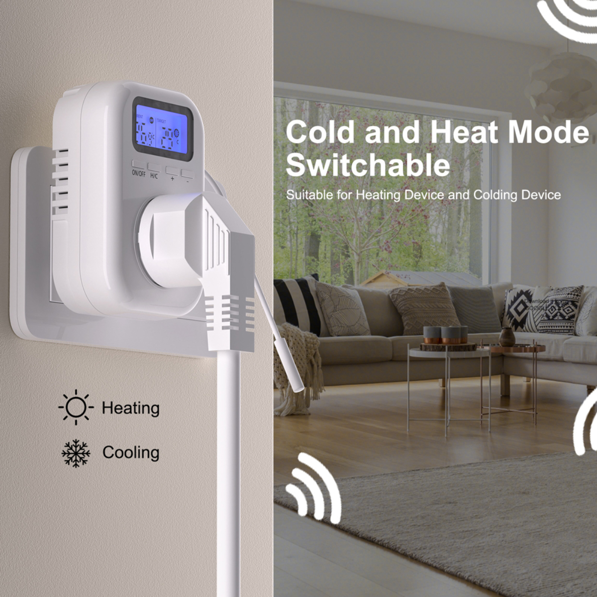 Ein weißer Wandstecker mit digitaler Anzeige, die Temperatureinstellungen zeigt.