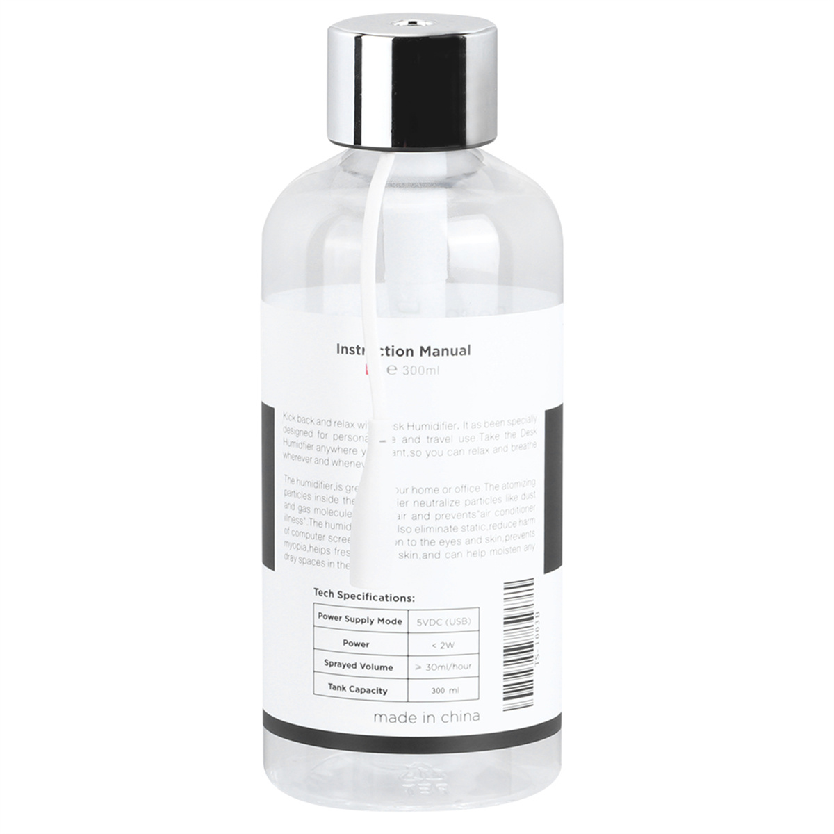 Eine klare Flasche mit weißem Etikett und silbernem Verschluss.