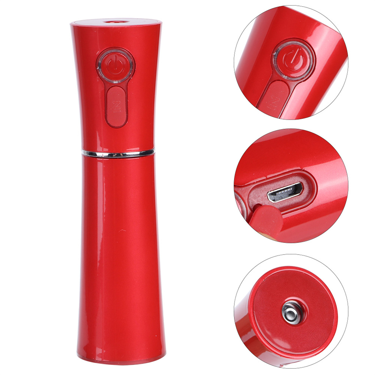Rotes elektrisches Gerät mit Ein-Aus-Taste und USB-Anschluss.