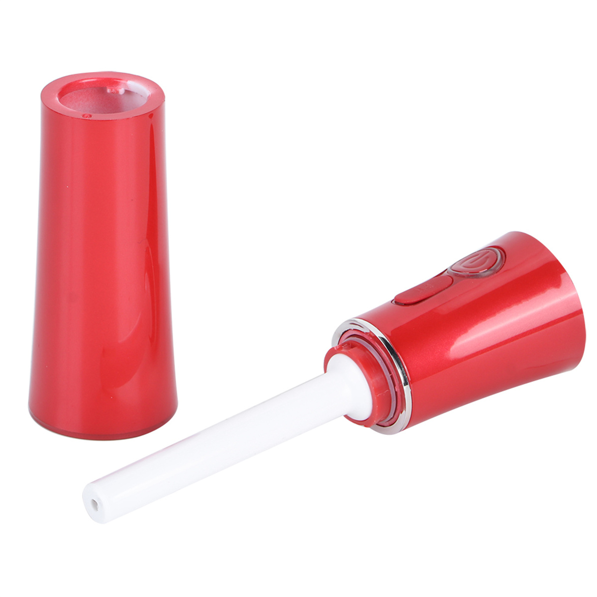Rotes Schönheitsgerät mit weißer Spitze und passender Kappe.