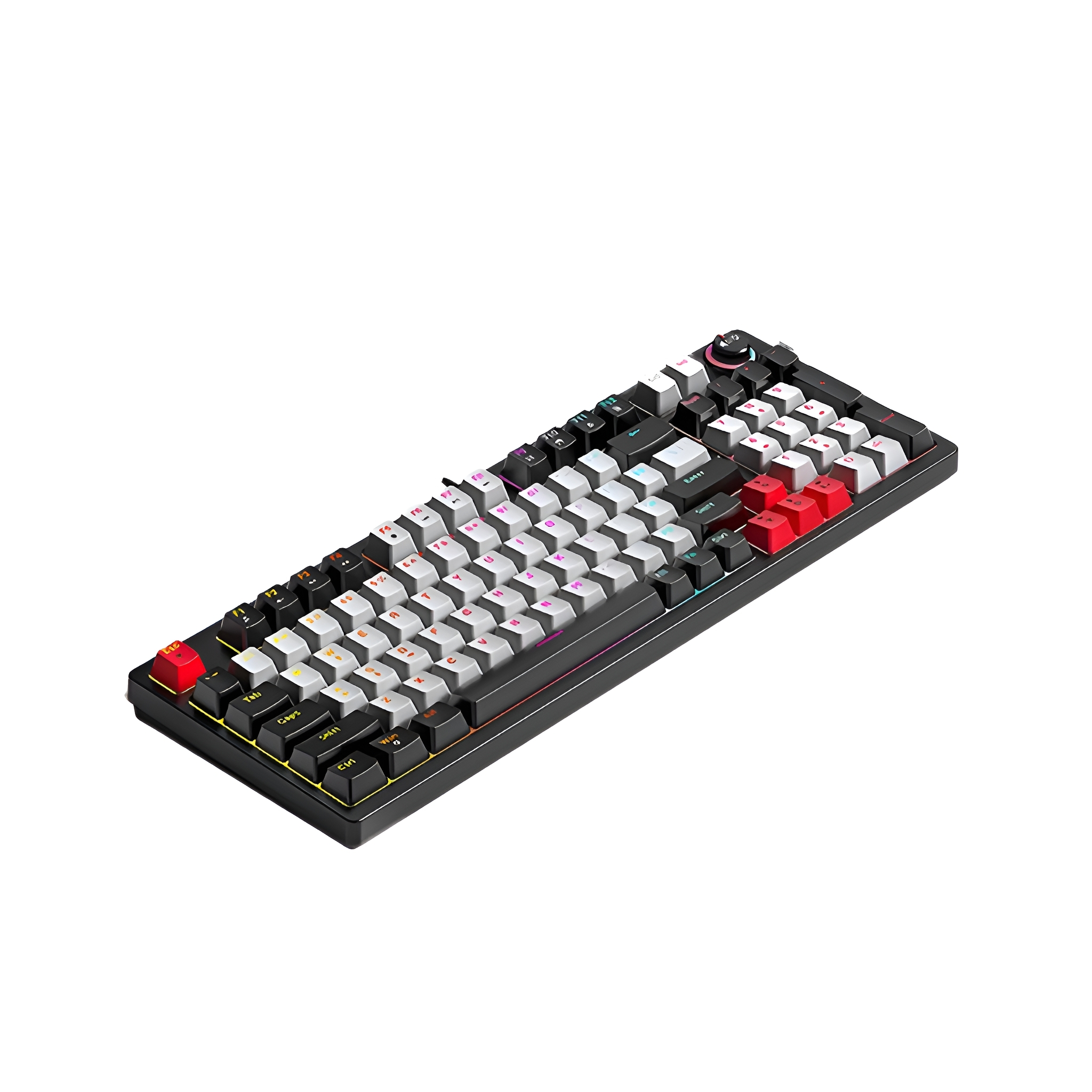 Schwarze mechanische Tastatur mit bunten Tasten, isoliert auf weißem Hintergrund.