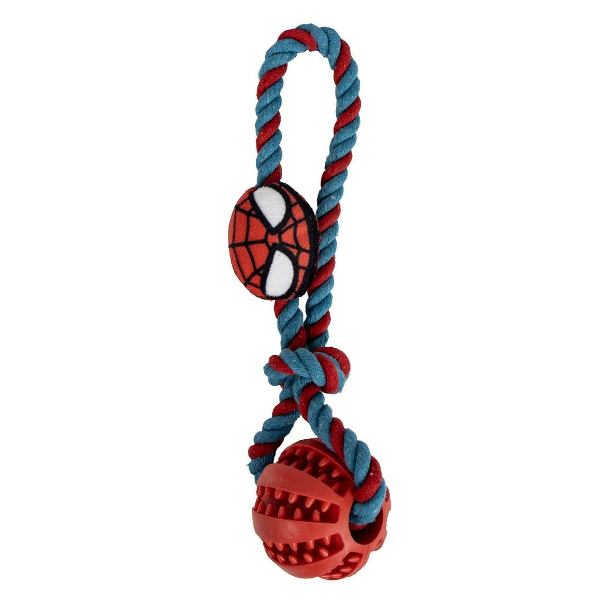 Giocattolo per cani con la faccia di Spider-Man e una palla rossa. Il giocattolo è rosso e blu.