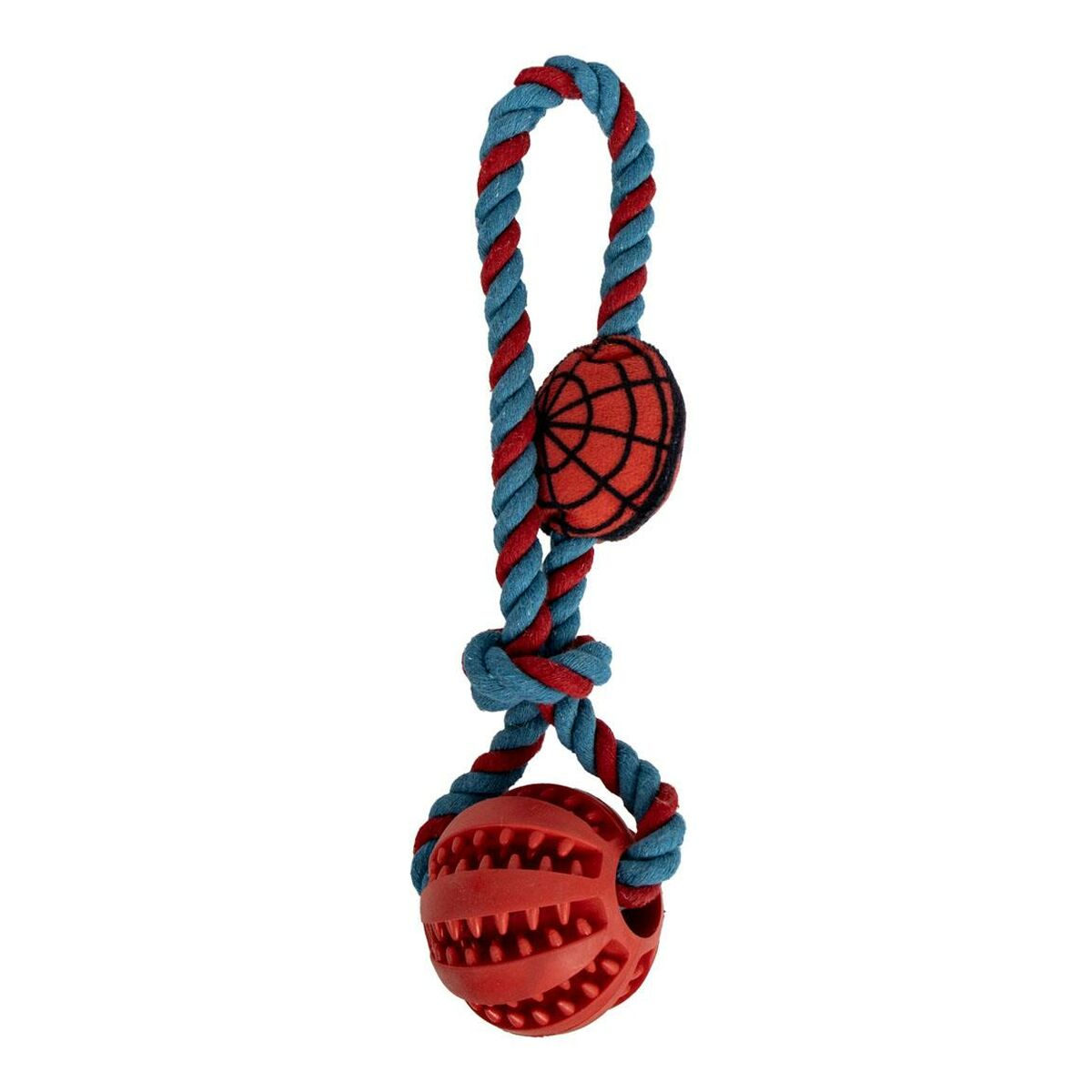 Un giocattolo per cani blu e rosso con una corda e due palline rosse. Una pallina ha un design a ragnatela.