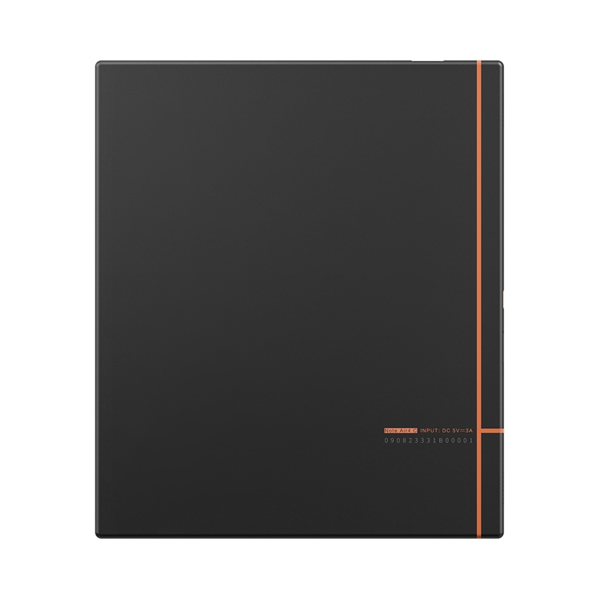 Czarne urządzenie z pomarańczowym paskiem i tekstem. Mały tekst po prawej stronie.