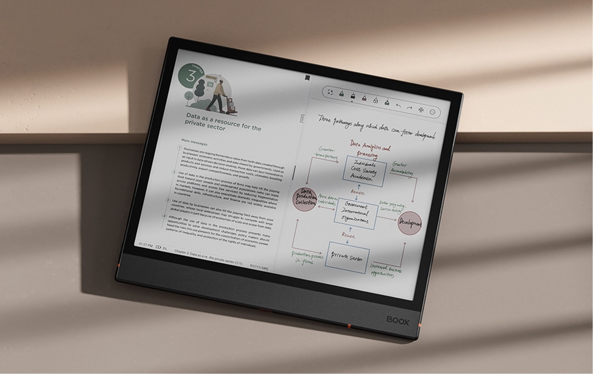Czarny tablet pokazujący odręczne notatki i dokument o danych w sektorze prywatnym.