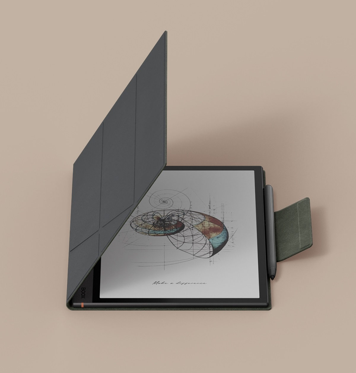 Tablet z etui. Ekran wyświetla rysunek, a etui jest ciemnoszare.