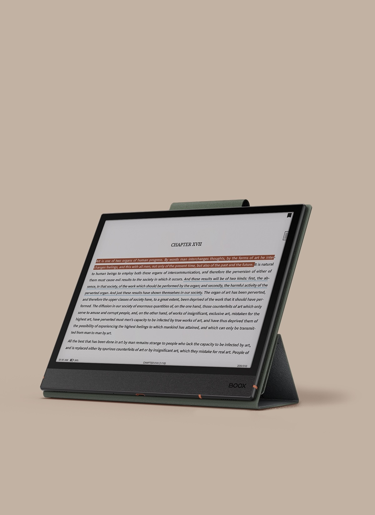 Tablet z tekstem na ekranie, w zielonym etui, na jasnym tle.