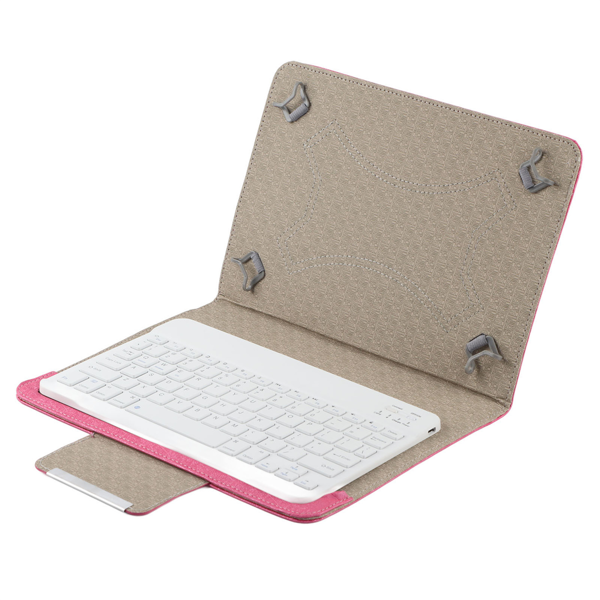 Eine pinkfarbene Tablethülle mit einer weißen Tastatur und einem pinkfarbenen Rand.
