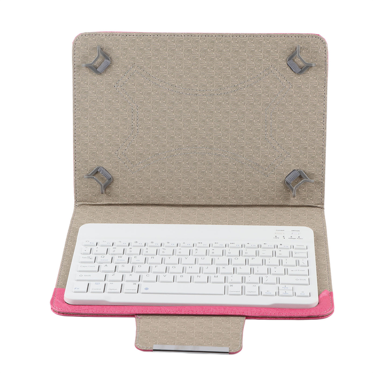 Eine Tablet-Hülle mit Tastatur. Die Hülle ist rosa und beige. Die Tastatur ist weiß.