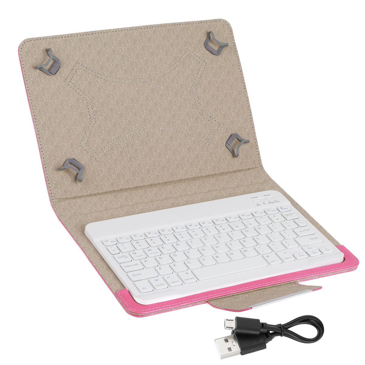 Eine weiße Tastatur in einem rosa Etui. Ein schwarzes USB-Kabel ist ebenfalls im Bild.