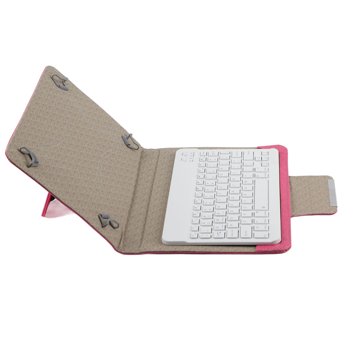 Eine offene rosa-graue Tablethülle mit einer weißen Tastatur darin.