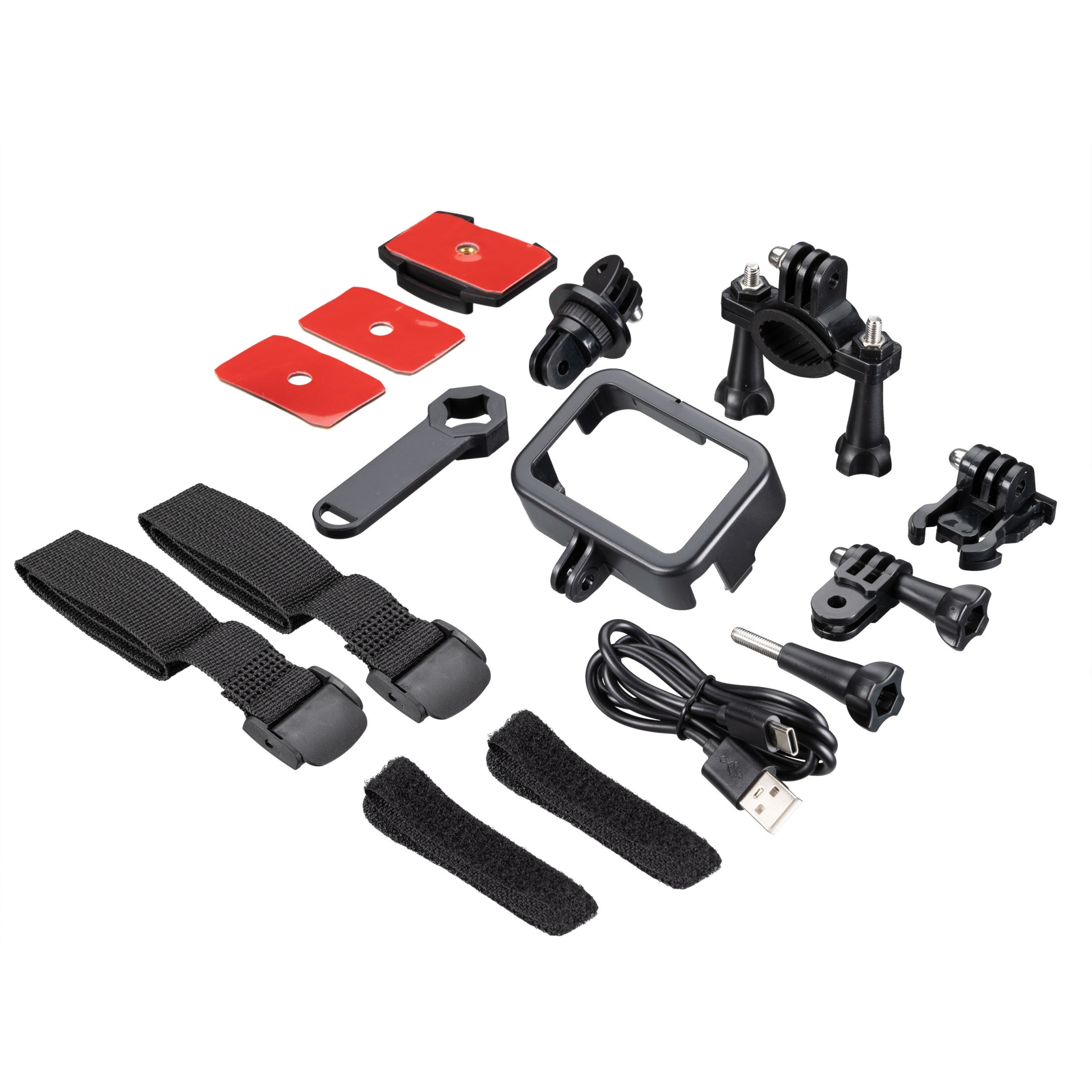 Kit de accesorios GoPro. Incluye monturas, correas, conectores y almohadillas adhesivas.