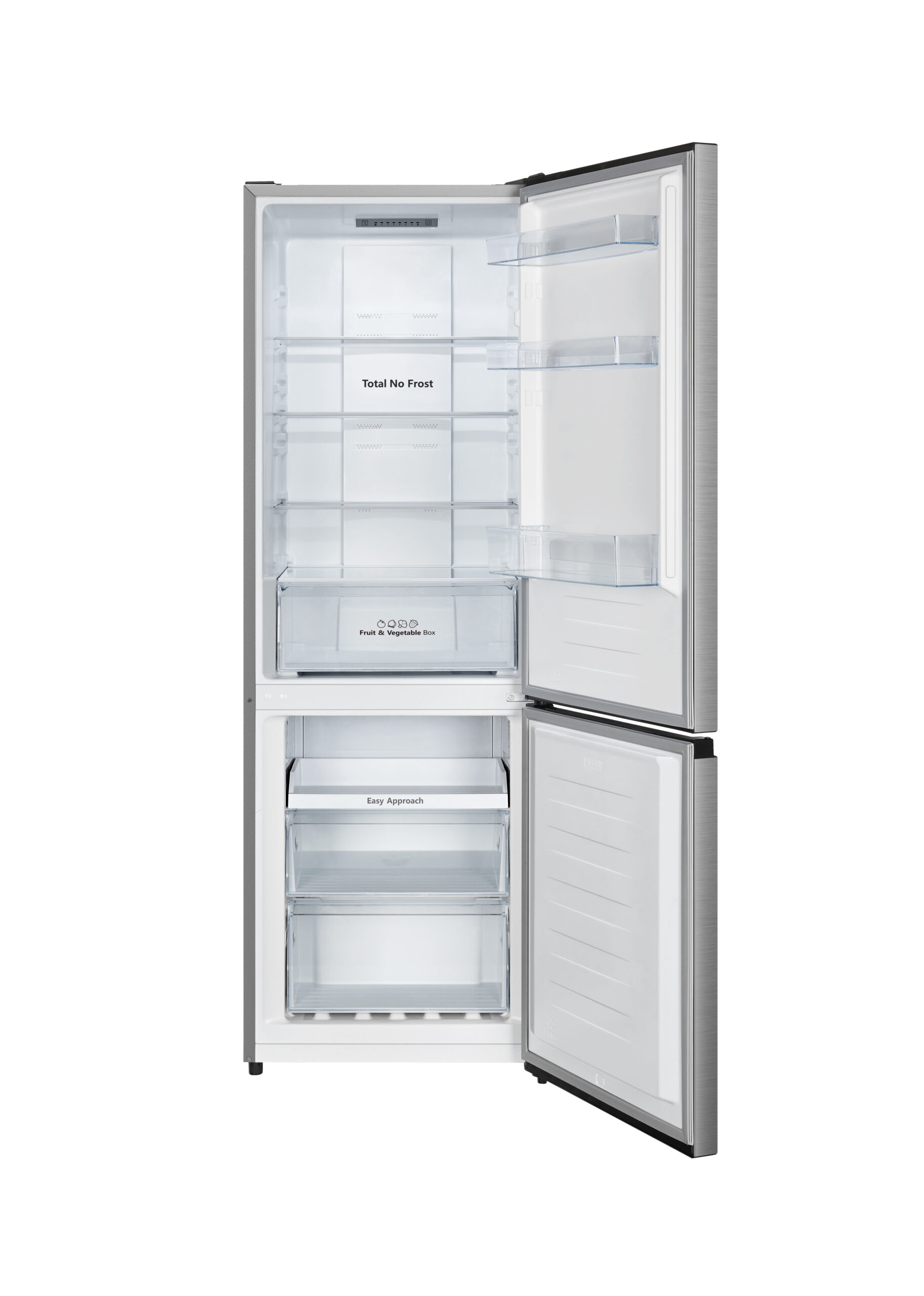 Un refrigerador plateado con las puertas abiertas, revelando estantes y cajones. El interior es blanco.
