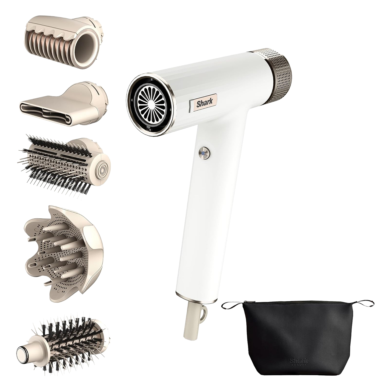Biała suszarka do włosów z wieloma nasadkami i czarną torbą. Suszarka ma markę Shark.