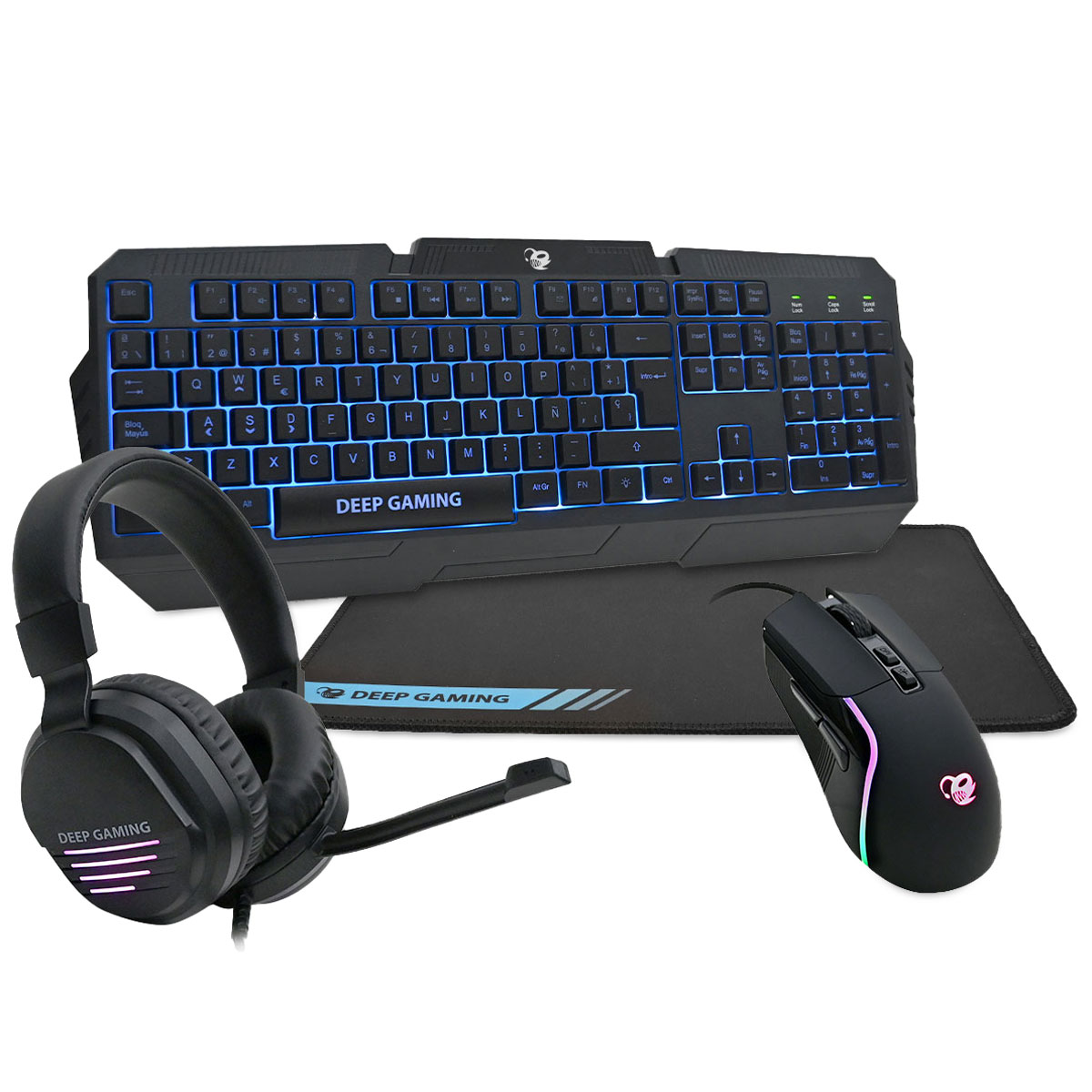 Una configuración de juego incluye teclado, ratón, auriculares y alfombrilla. Todo es negro con luces azules.