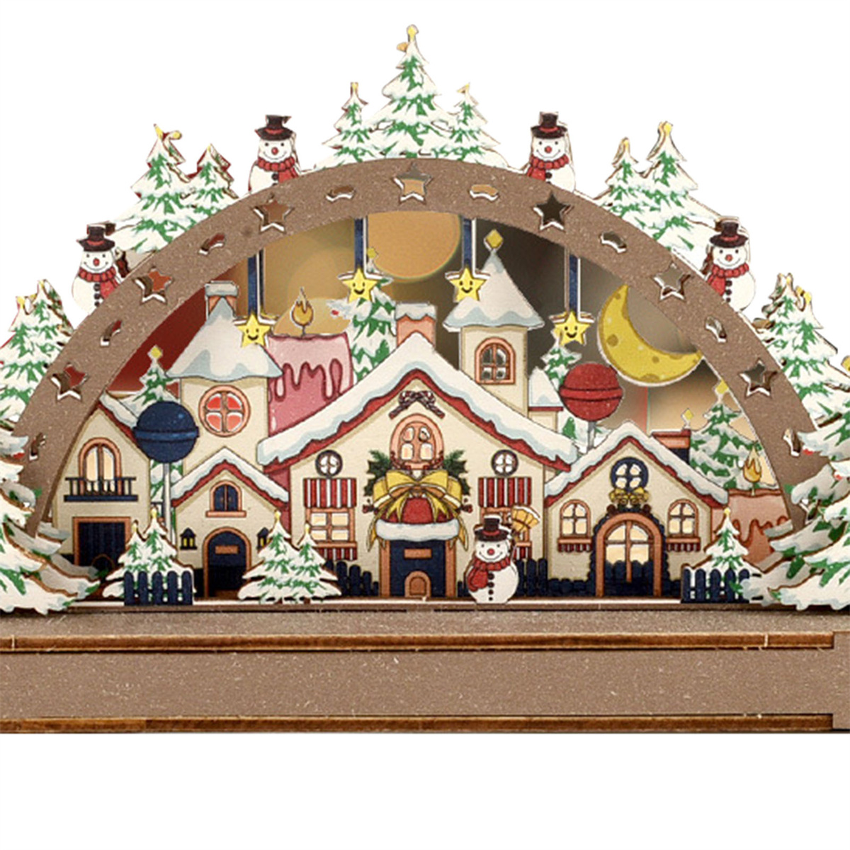 Eine Weihnachtsdorf-Szene mit schneebedeckten Häusern, Bäumen und Schneemännern unter einer gewölbten Holzstruktur.