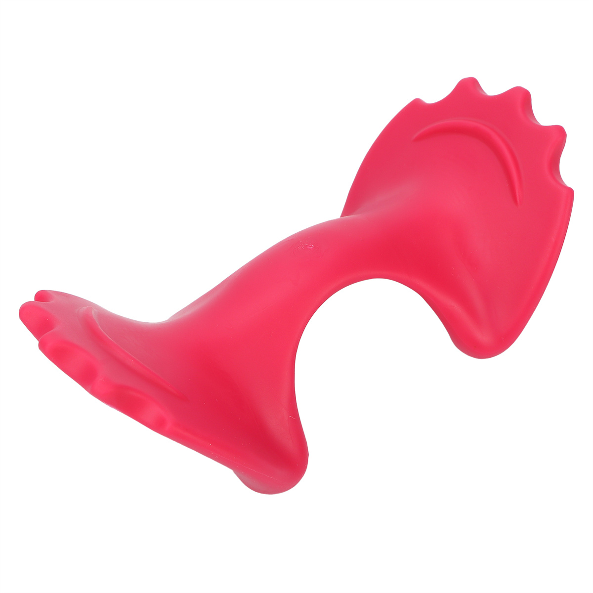 Ein rotes, gebogenes Massagegerät auf weißem Hintergrund. Es hat eine einzigartige Form.