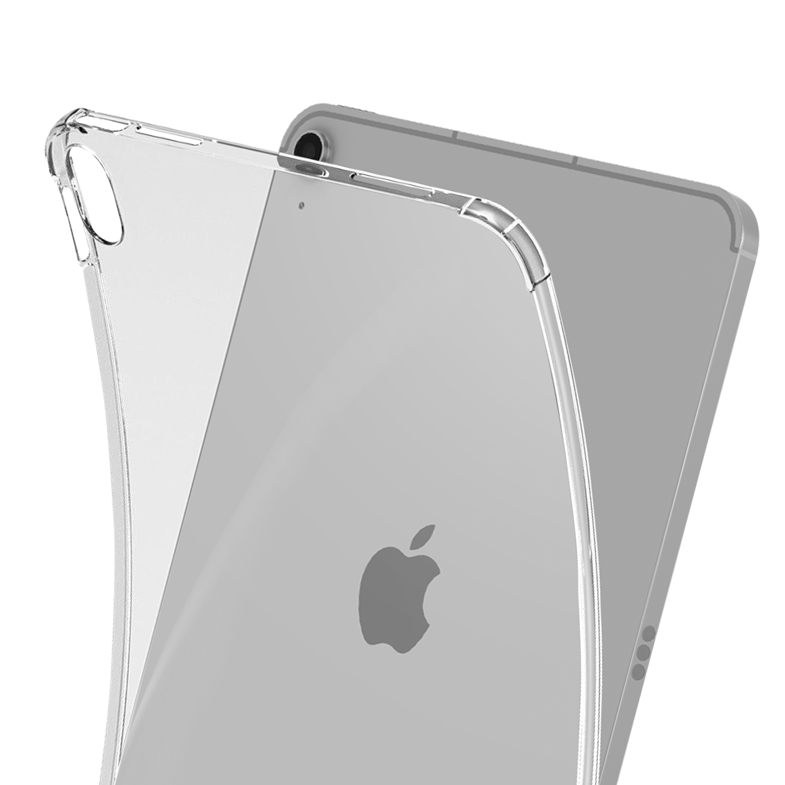 Transparente Schutzhülle über einem iPad. Das Apple-Logo ist sichtbar. Rückansicht des Tablets. Weißer Hintergrund.