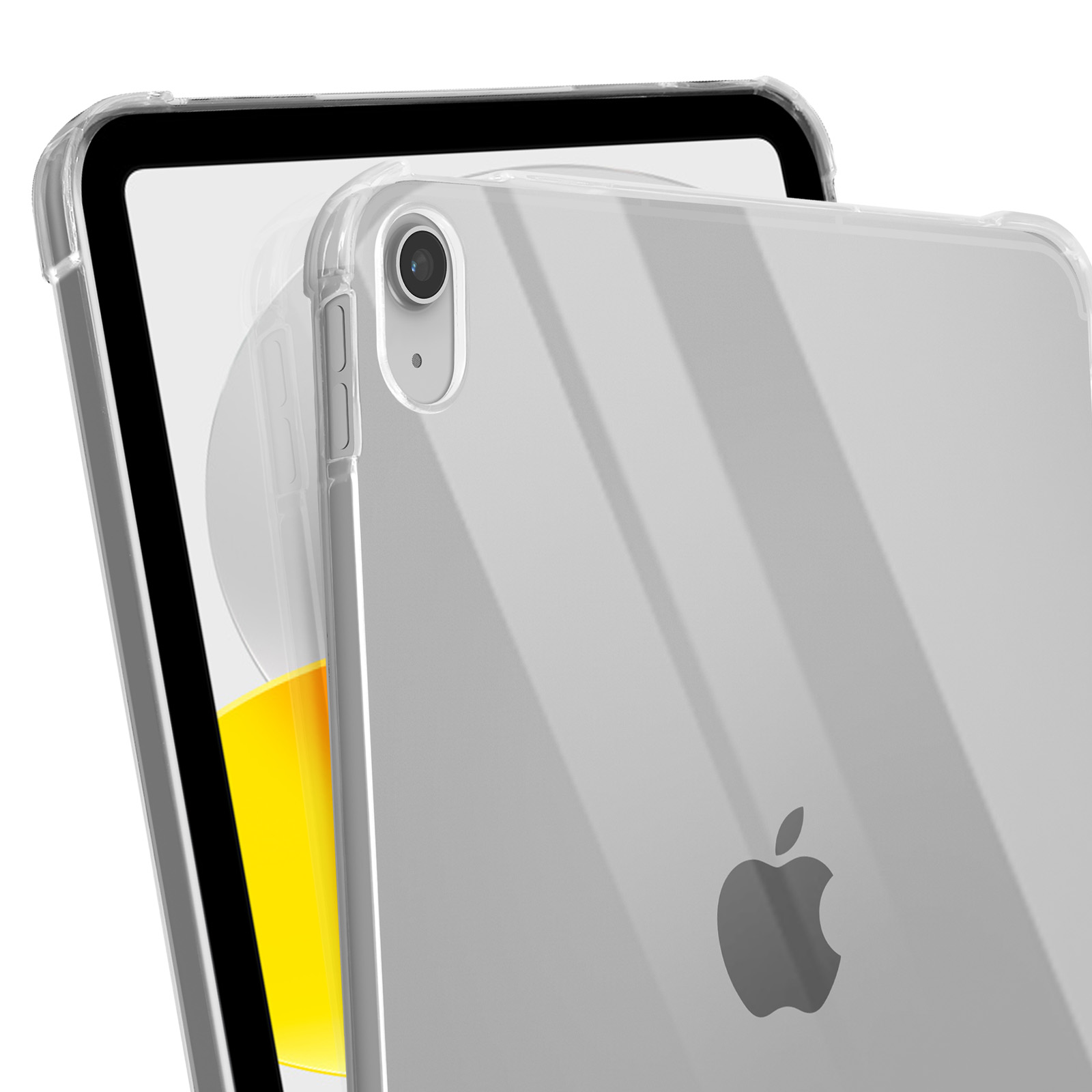iPad in einer durchsichtigen Hülle. Apple-Logo sichtbar. Nahaufnahme.