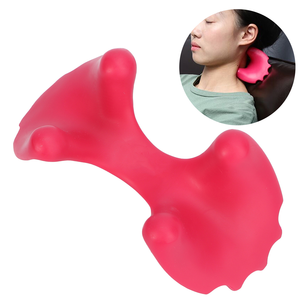 Roter Nackenmassagegerät, an einem Hals einer Frau verwendet, mit dem Gerät im Vordergrund, weißer Hintergrund.