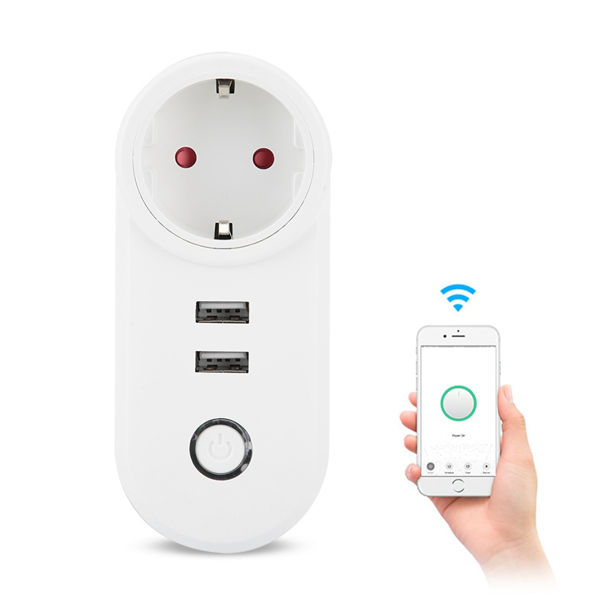 Weißer Smart-Stecker mit zwei USB-Anschlüssen und ein Smartphone mit Steuer-App.