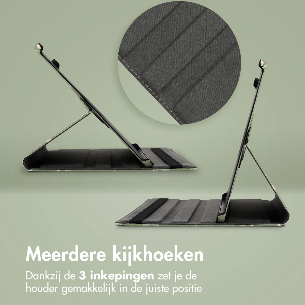Tablethoes in meerdere posities. Groen en grijs patroon. Witte tekst onderaan.