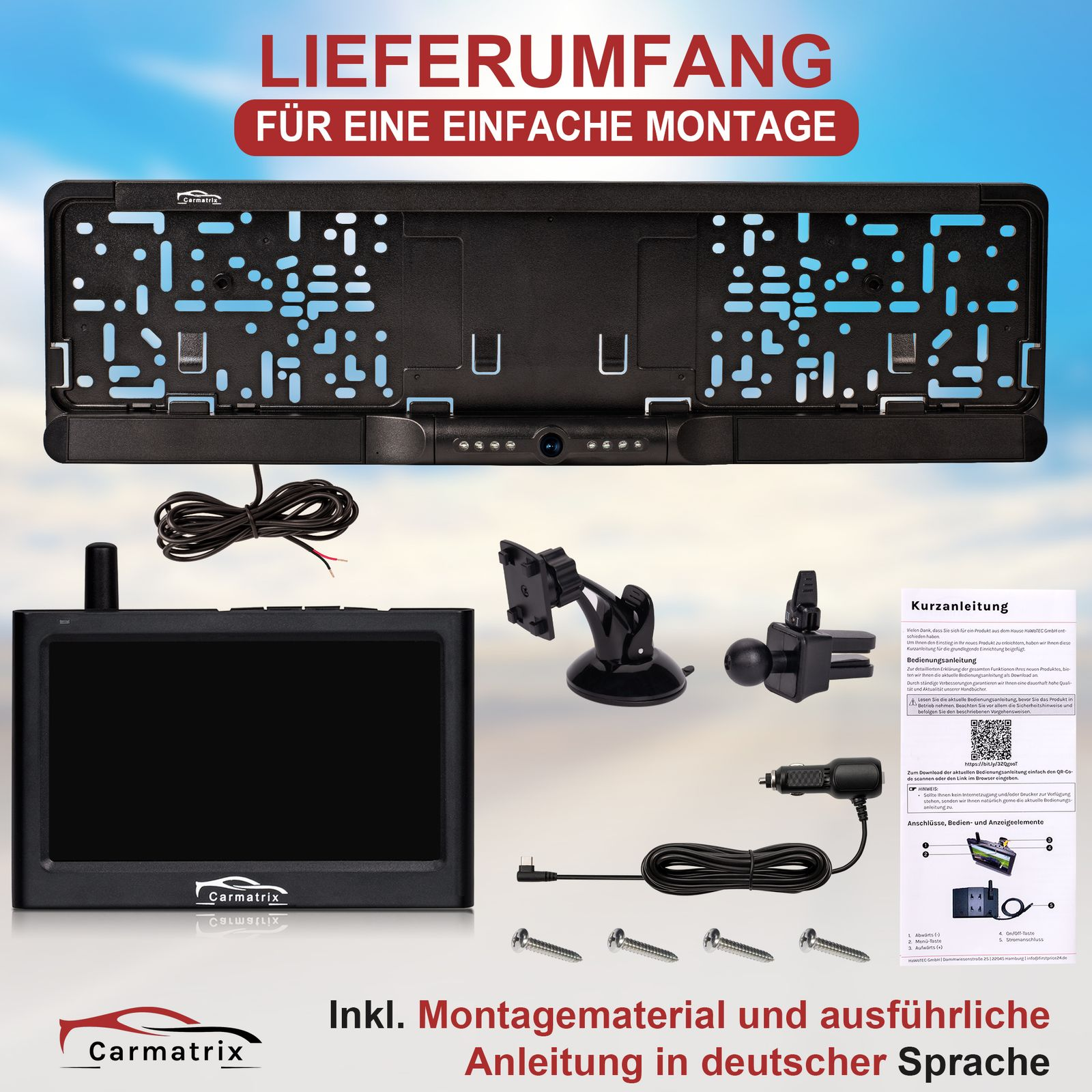 Rückfahrkamera-Kit für Autos mit Zubehör. Enthält einen Monitor, Kabel und Befestigungsmaterial.