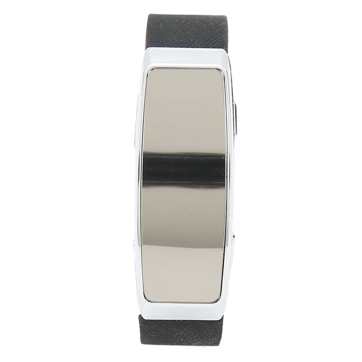 Ein silbernes und schwarzes Smartband. Es hat einen reflektierenden Bildschirm und ein schwarzes Armband.