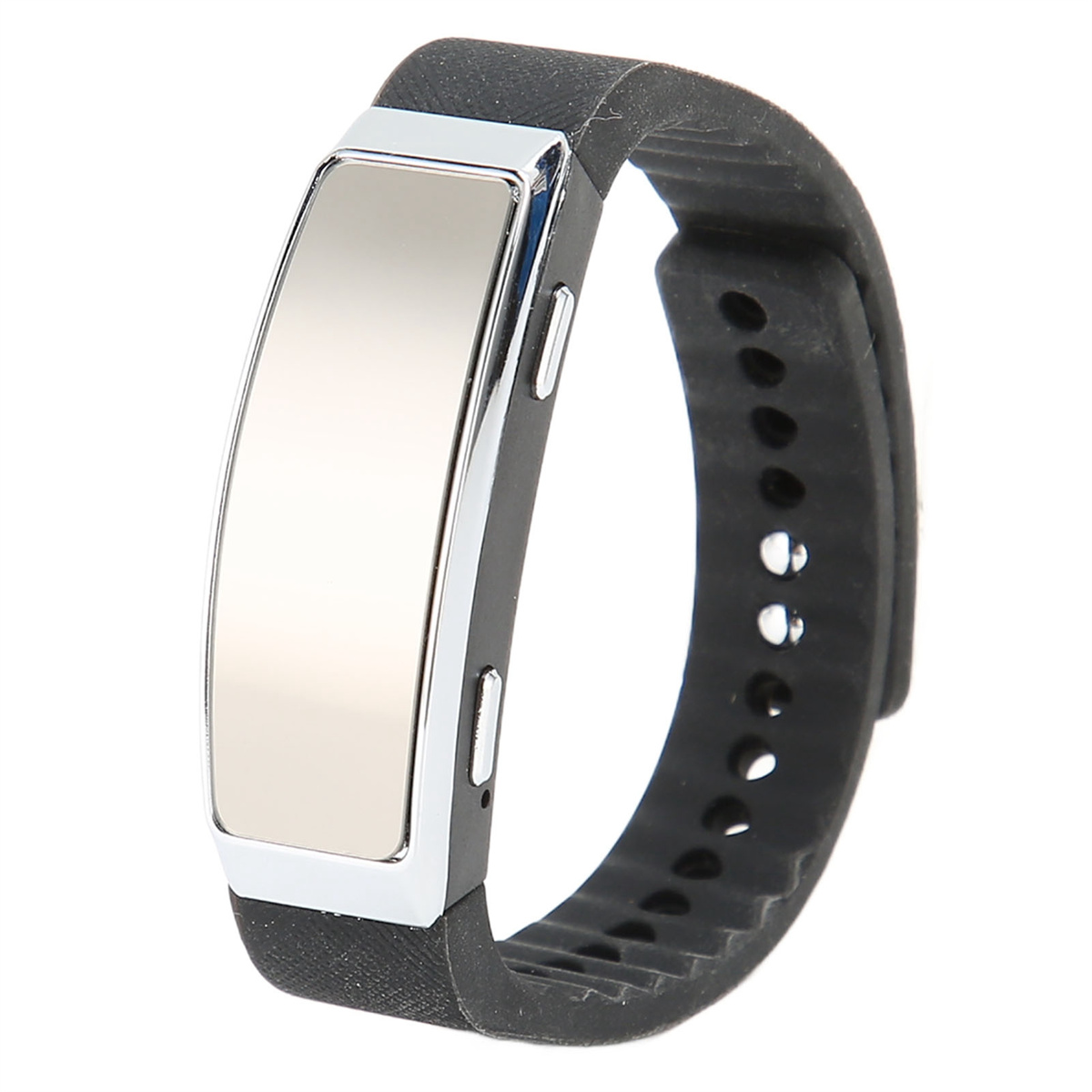 Schwarze Smartwatch mit silbernem Bildschirm und schwarzem Armband. Zwei Knöpfe an der Seite. Isoliert auf weißem Hintergrund.