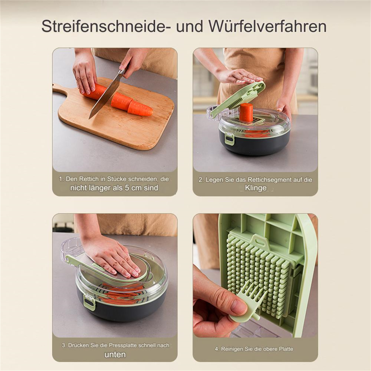 Schritt-für-Schritt-Anleitung zum Gemüseschneiden mit einem Küchenwerkzeug.