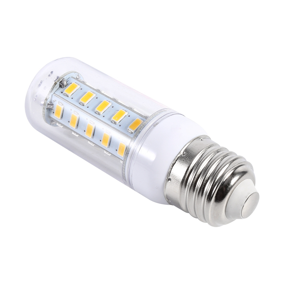 Eine transparente, zylindrische LED-Glühbirne mit sichtbaren gelben LEDs.