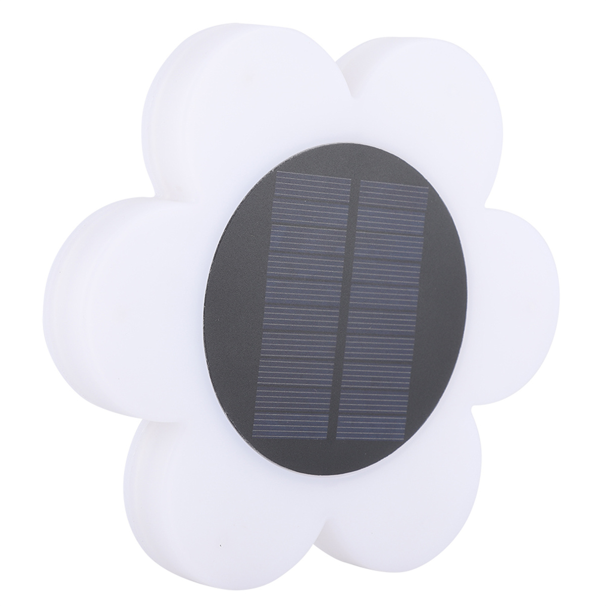 Ein weißes, blütenförmiges Solarlicht mit einem schwarzen Solarpanel.