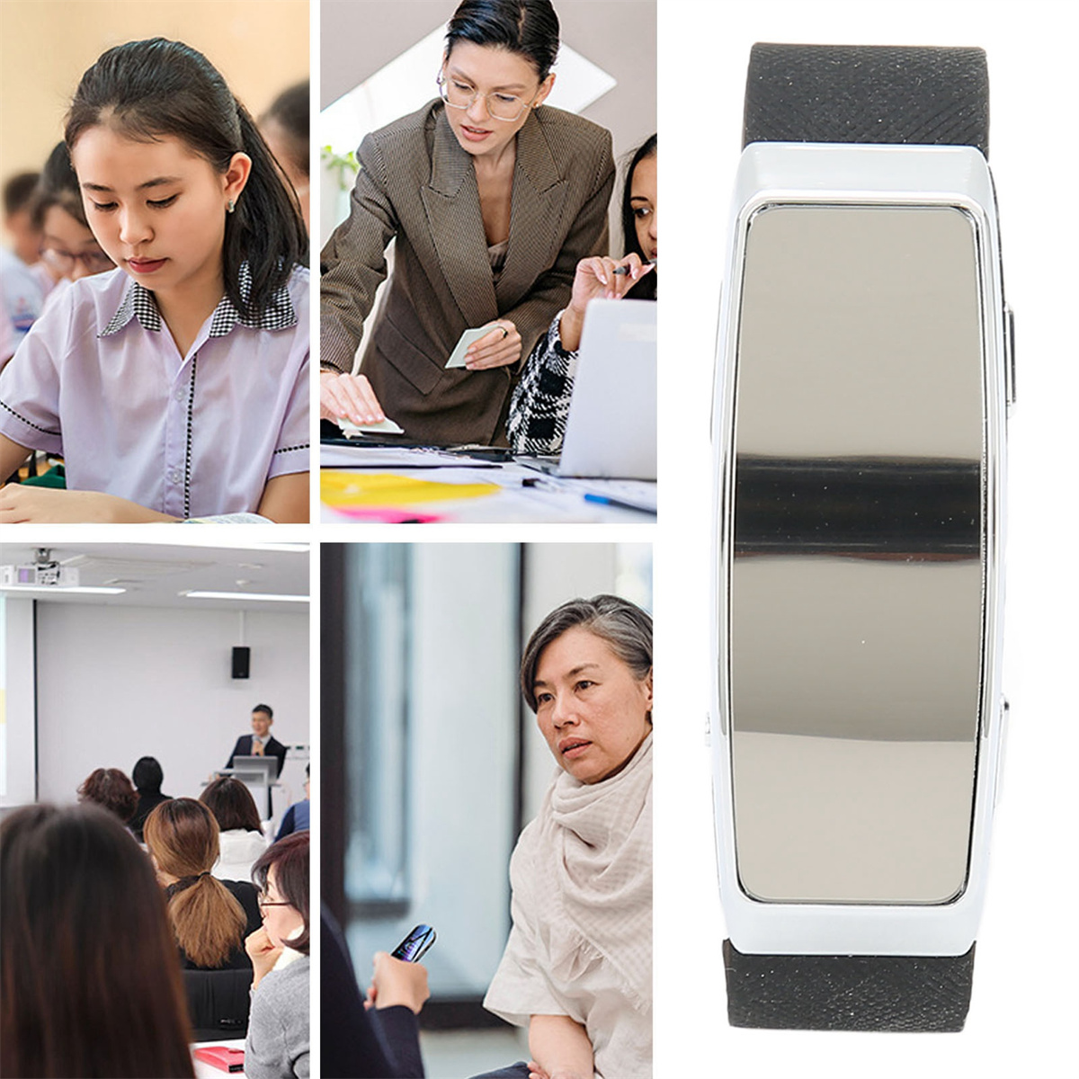 Eine schwarze und silberne Fitness-Tracker-Uhr und mehrere Personen in verschiedenen Umgebungen.