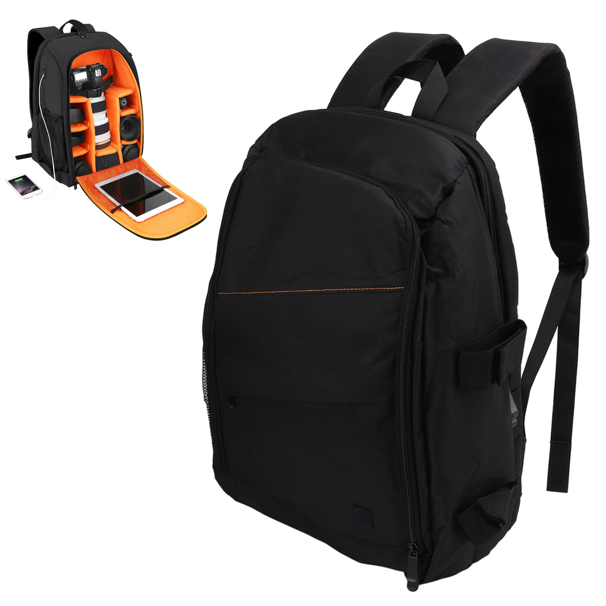 Schwarzer Kamerarucksack, geöffnet, um Fächer für Kameraausrüstung und Tablet zu zeigen.
