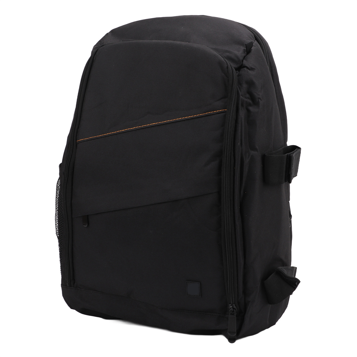 Schwarzer Rucksack mit mehreren Fächern, einer seitlichen Netztasche und orangefarbenem Reißverschluss.