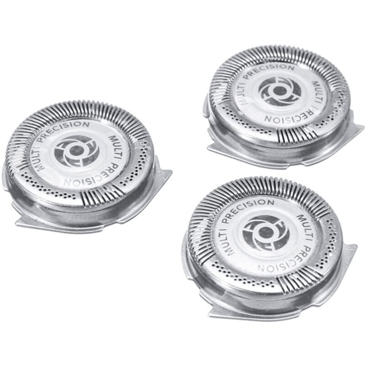 Drei silberne Multi-Präzisions-Rasierköpfe. Jeder Kopf hat ein kreisförmiges Design.