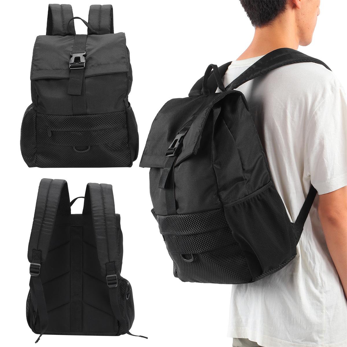 Schwarzer Rucksack von vorne, von der Seite und von hinten, getragen von einer Person in einem weißen Hemd.