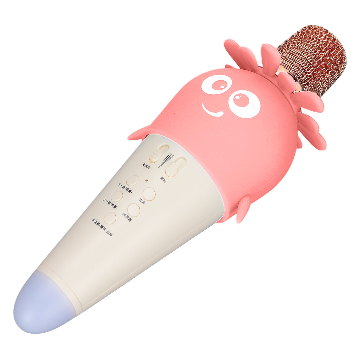 Ein rosa-weißes Mikrofon mit einem Cartoon-Gesicht und Knöpfen.