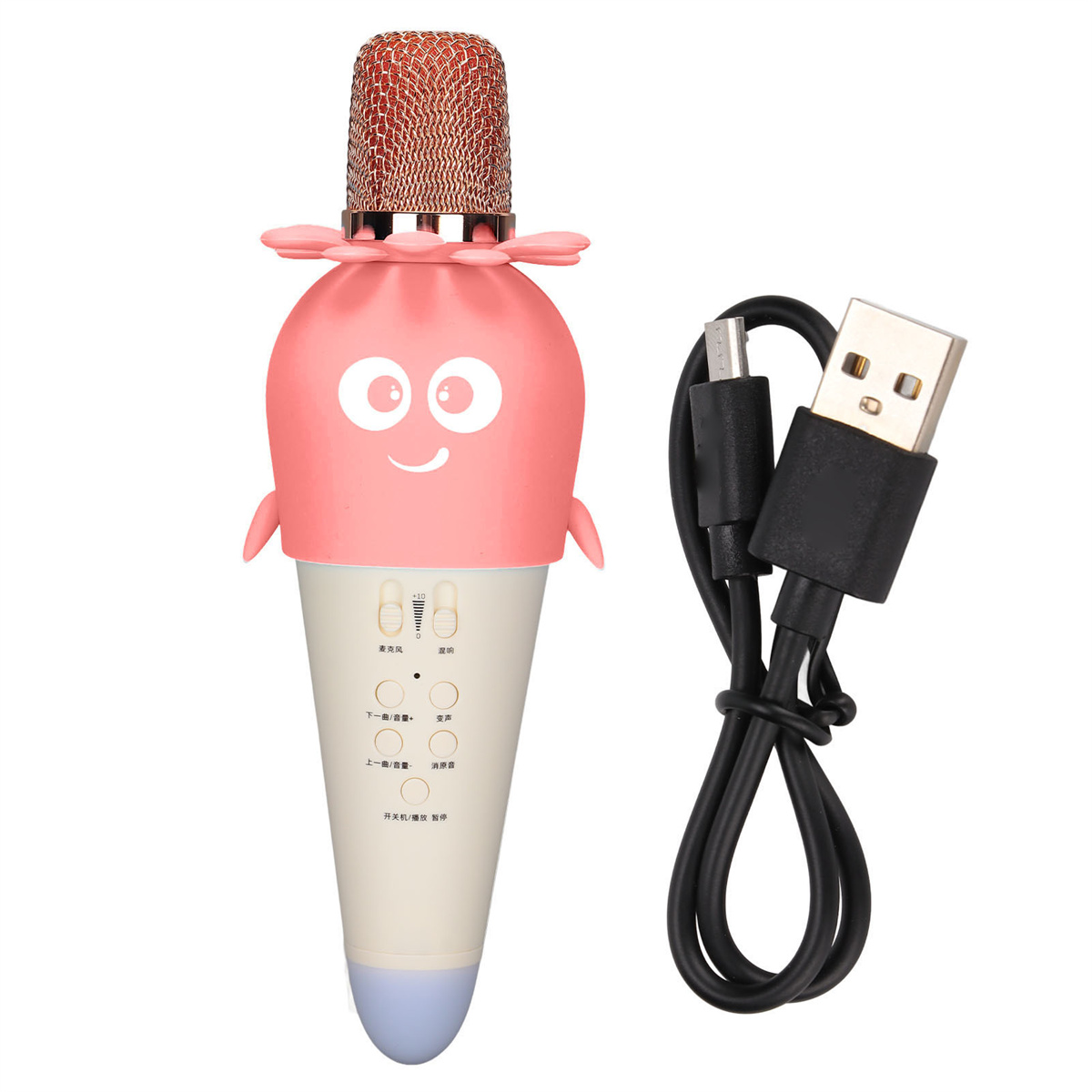 Rosa Mikrofon mit einem Cartoon-Gesicht, ein USB-Kabel ist angeschlossen.