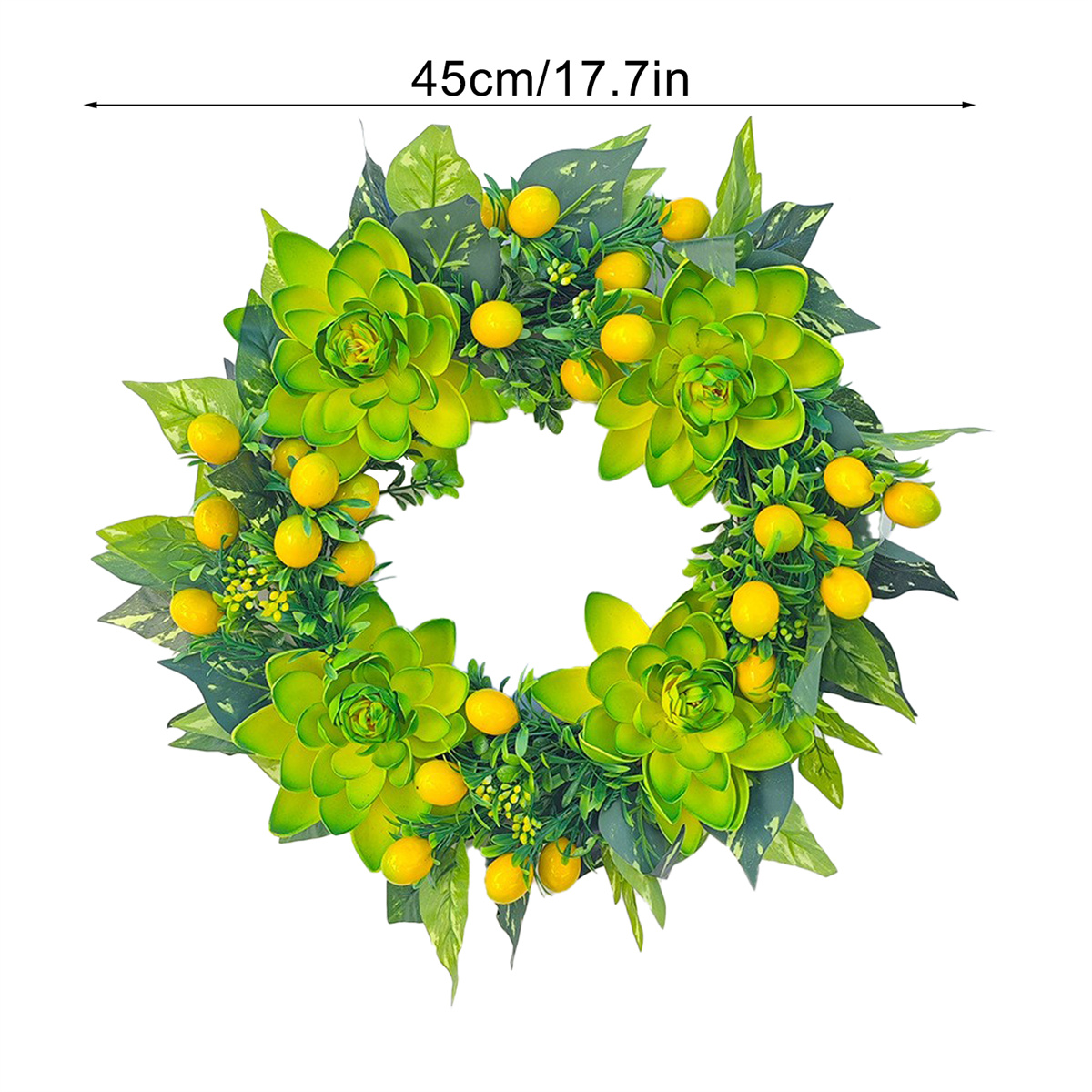 Ein grüner Kranz mit gelben Früchten und grünen Blättern. Die Abmessungen sind mit 45 cm/17,7 Zoll angegeben.