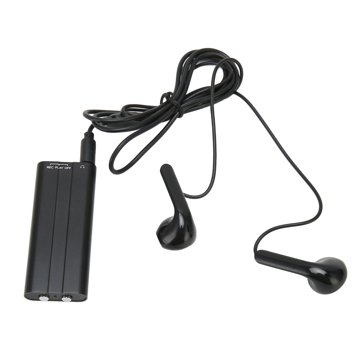 Schwarzer Audiorecorder mit Kopfhörern, beide mit schwarzen Kabeln.