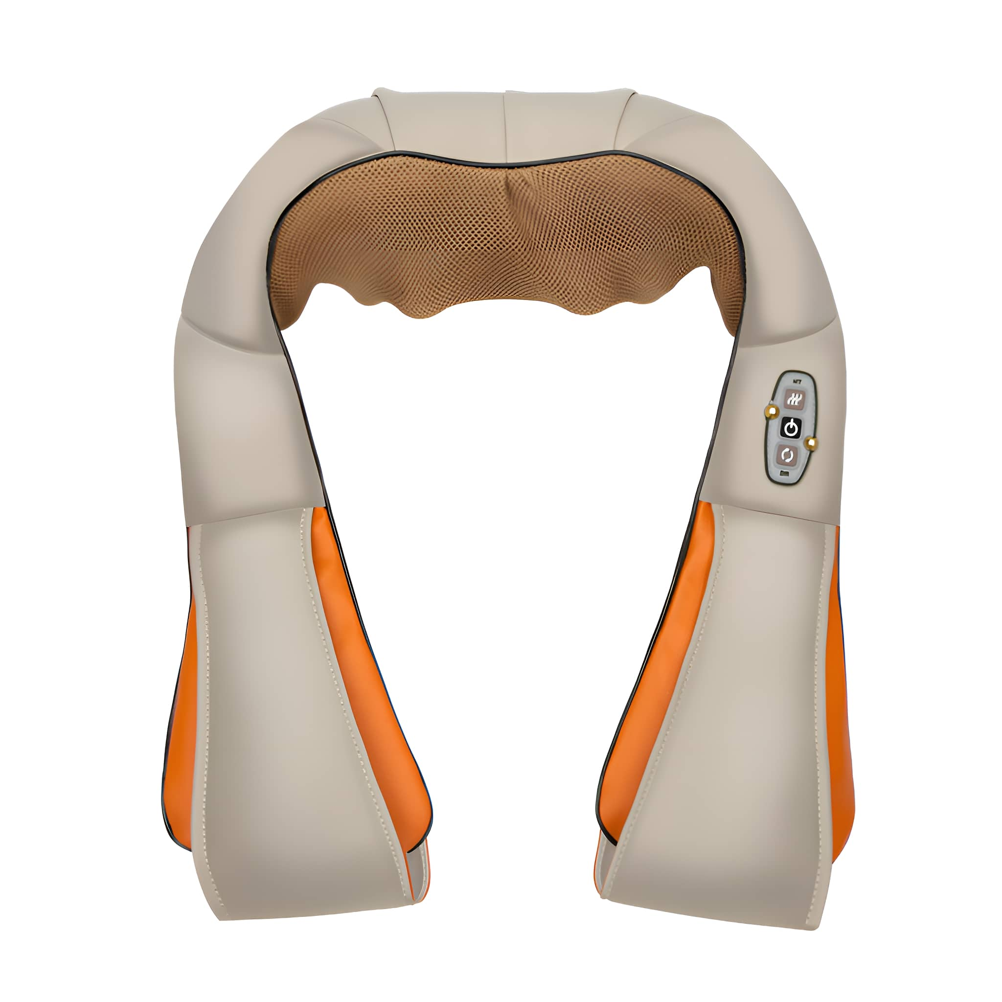 Ein Nackenmassagegerät in Beige und Orange mit Knöpfen. Es ist für den Nackenbereich konzipiert.