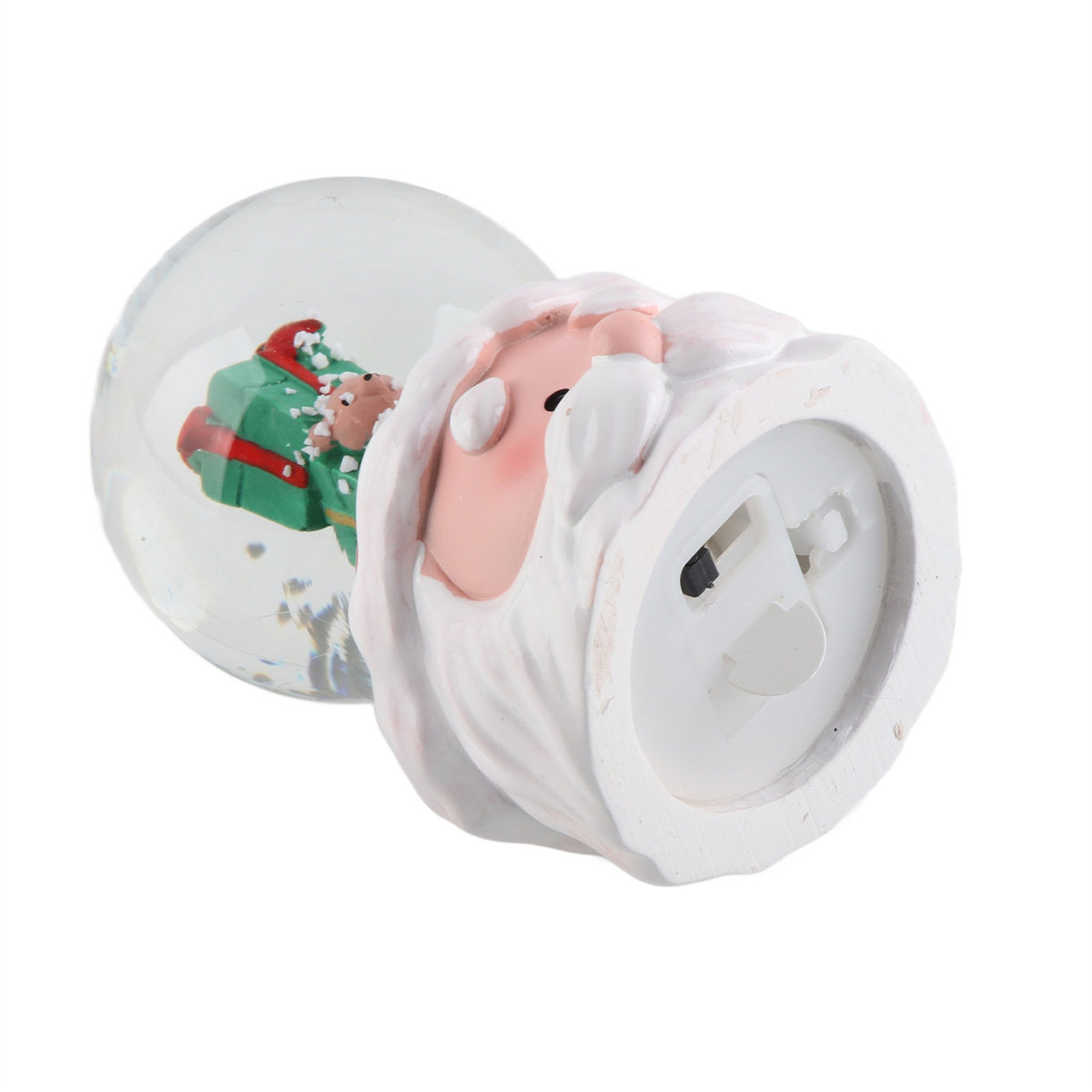 Eine Schneekugel mit Weihnachtsmann darin. Die Basis ist weiß, die Kugel klar.