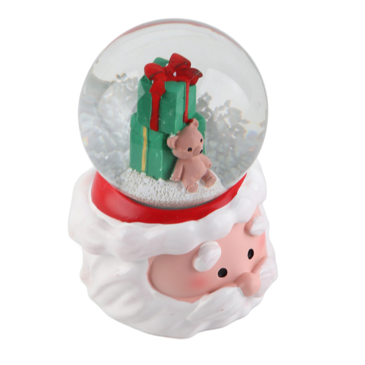 Schneekugel mit Santa Kopf. Innen Geschenke und Teddybär, über weißer Oberfläche.