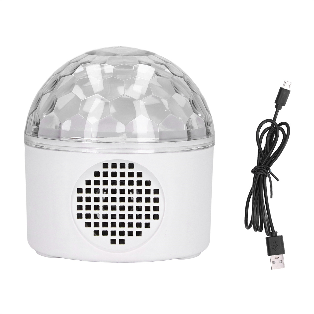 Weißes Discolicht mit klarer Kuppel, schwarzem Lautsprechergrill und USB-Kabel.