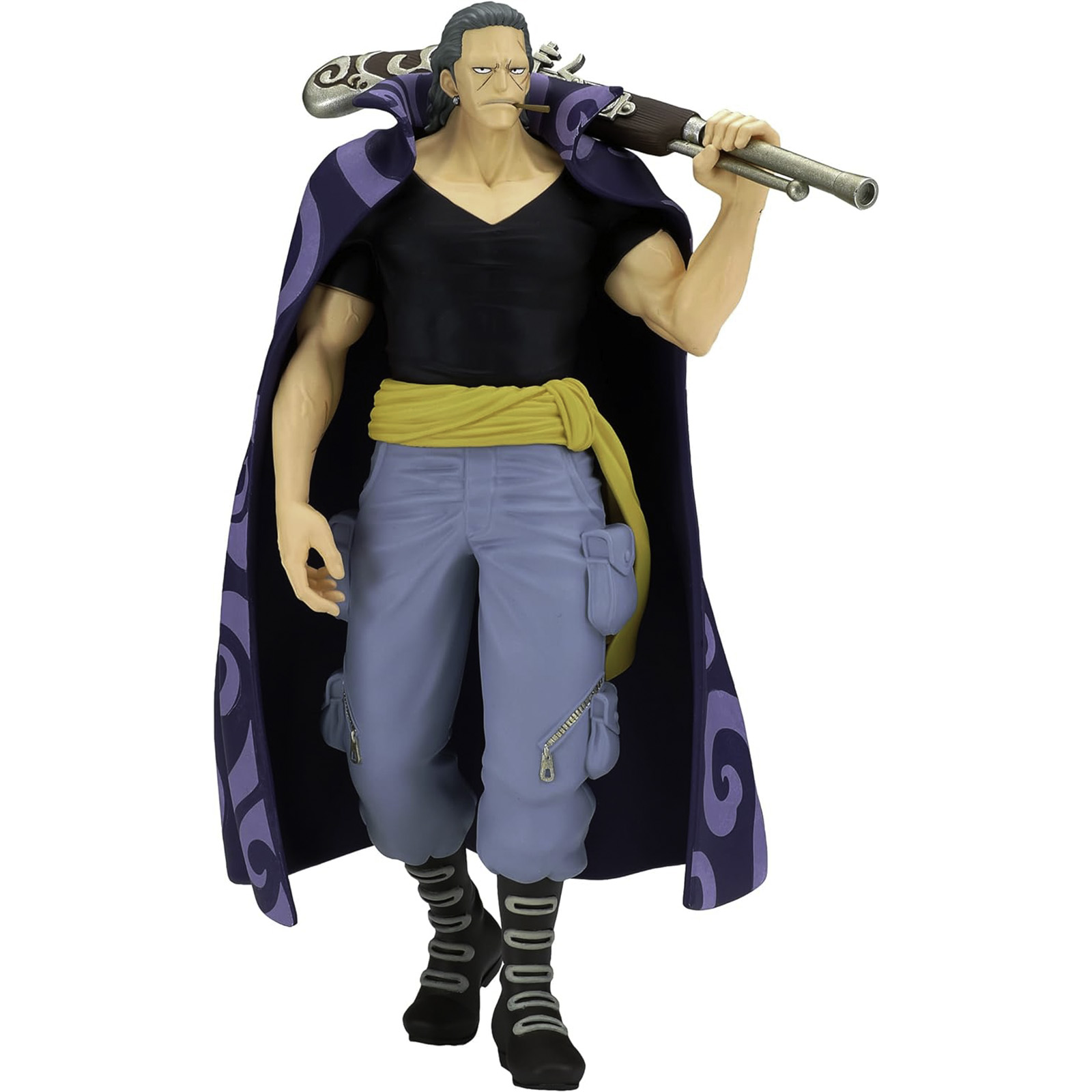 Figur eines Mannes mit lila Umhang, schwarzem Hemd, blauer Hose und gelbem Gürtel, mit einer Waffe.