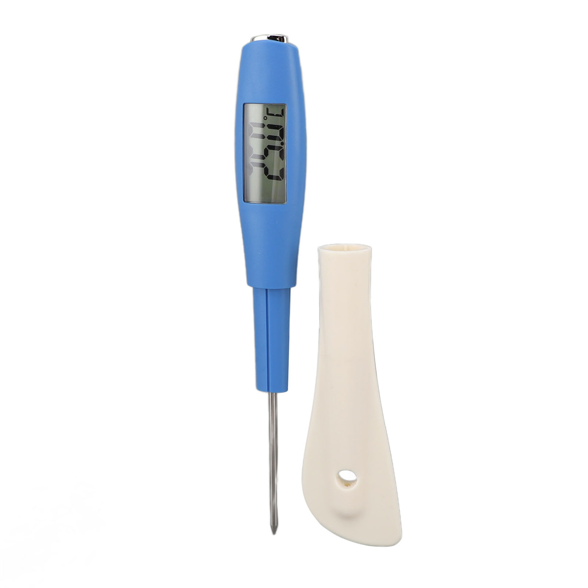 Blaues digitales Thermometer mit weißer Schutzhülle, beides auf weißem Hintergrund.